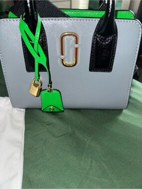 Marc Jacobs Big Shot Gray Satchel with Neon Green and BlueTrim and Black Handles